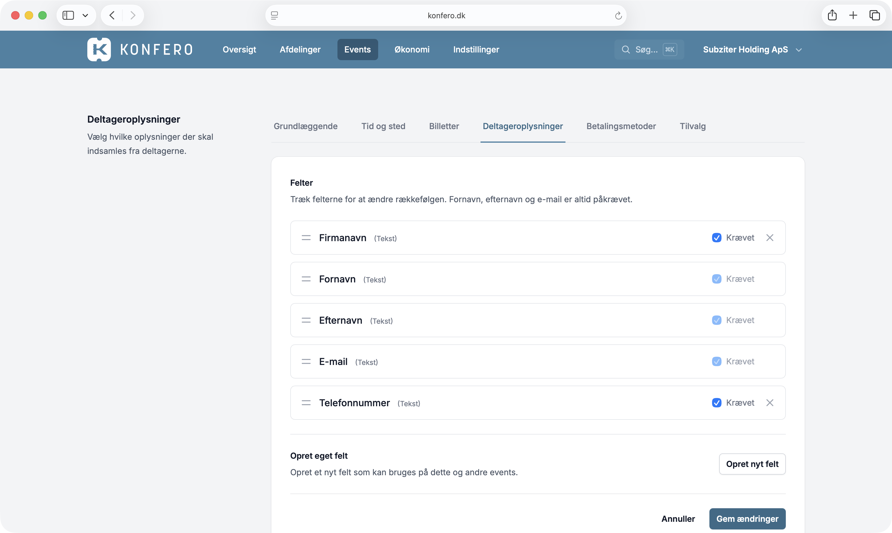 Tilmeldinger screenshot